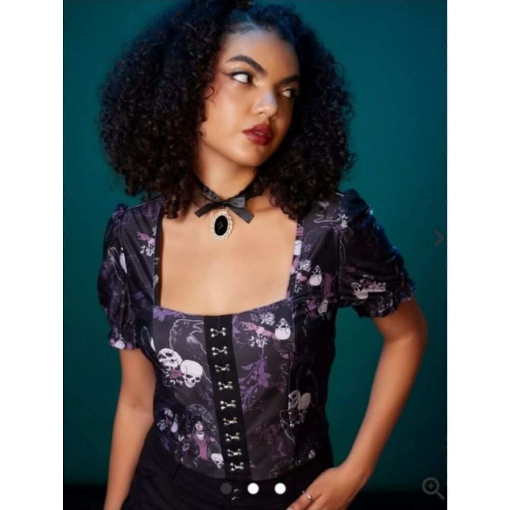 Her Universe Black and Purple Gothic Puff-Sleeve Corset Top